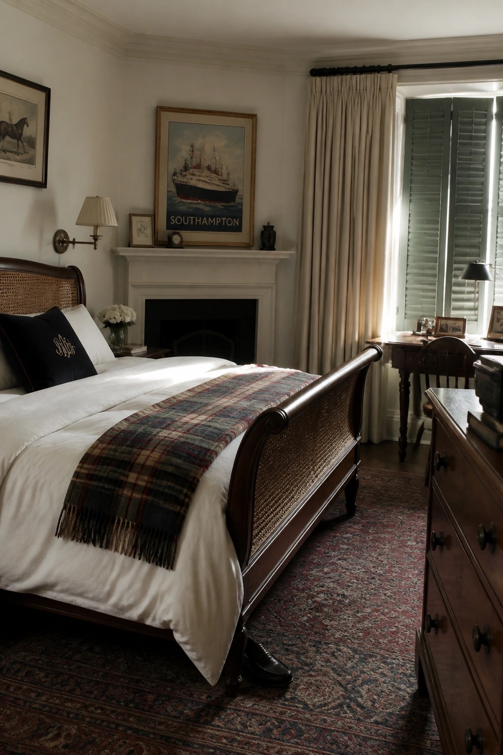 A bedroom with a dark wood sleigh bed dressed in white linens and a plaid throw, a white fireplace mantel below a ship print, and a wooden desk near shuttered windows.