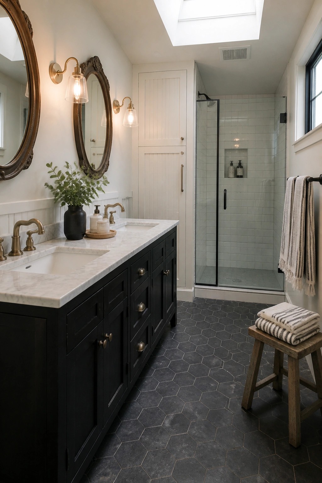 A bathroom with a long dark wood vanity topped in white marble, two sinks, ornate round mirrors, brass wall sconces, and a glass-enclosed shower with white subway tiles.
