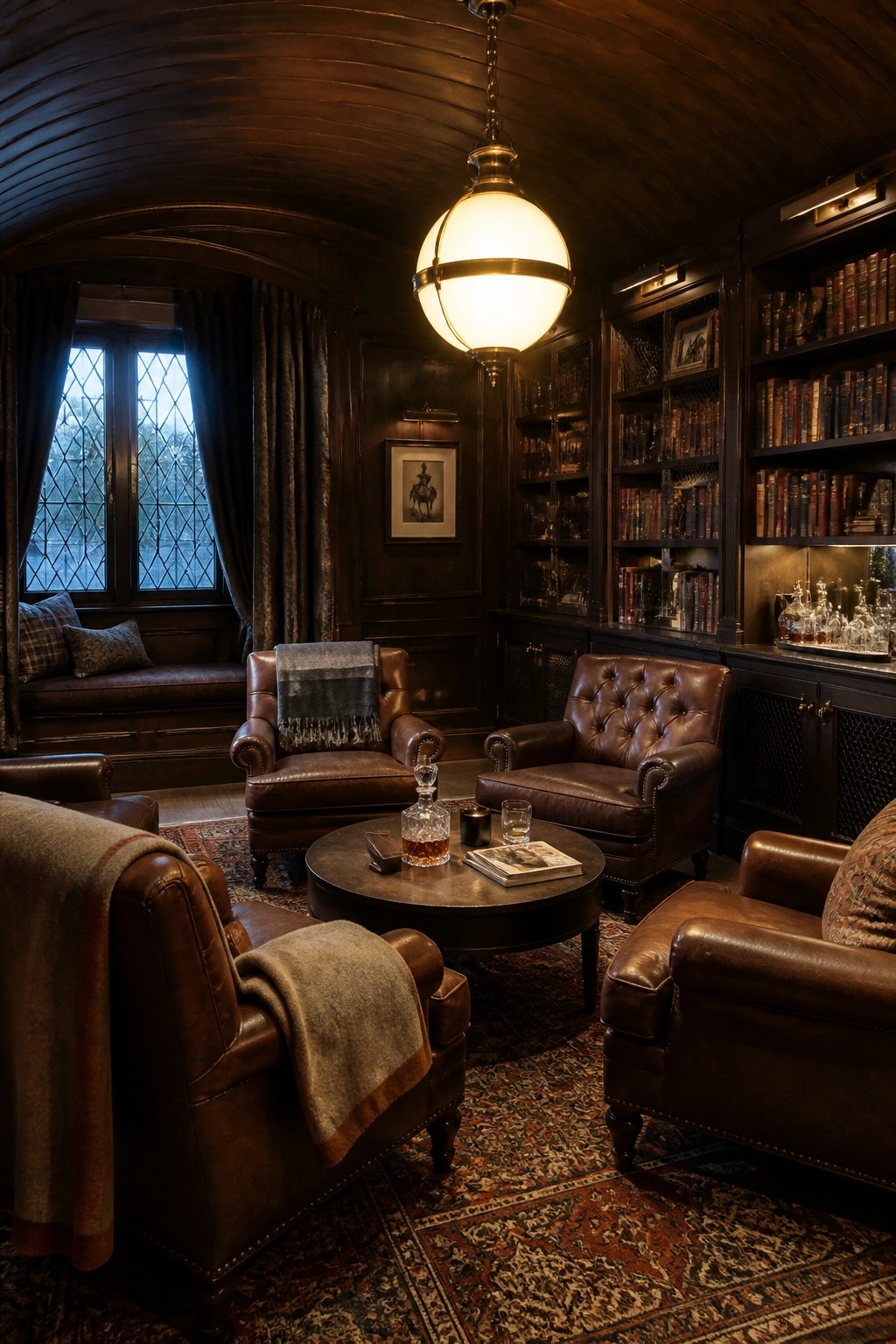 A dimly lit traditional library with dark wood paneling, built-in bookshelves, four brown leather armchairs arranged around a round coffee table, a hanging globe light, and a window seat with cushions.