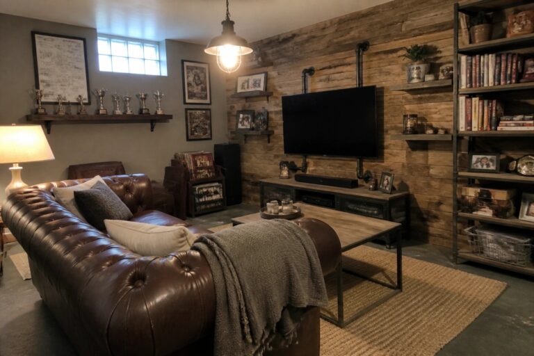 21 Creative Man Cave Decor Ideas Pairing Leather With Reclaimed Wood A living room featuring a brown leather sectional sofa in front of a reclaimed wood accent wall with mounted TV, floating shelves, and wooden media console.