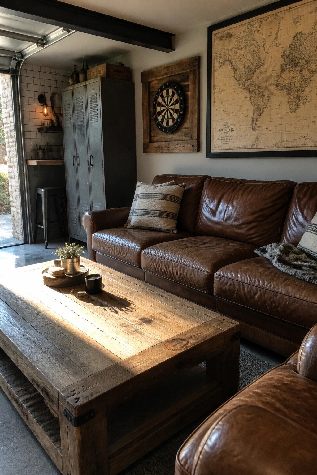 Brown leather sofa with rustic wood coffee table, dartboard and world map on wall