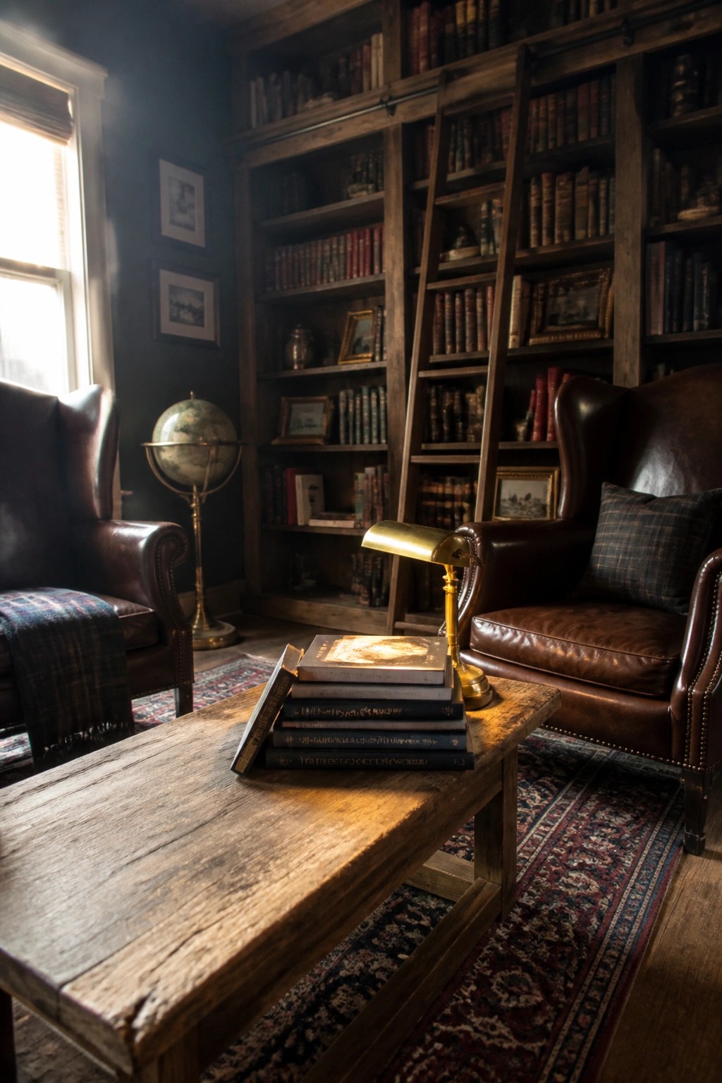 An interior view of a library with two brown leather wingback chairs, a reclaimed wood coffee table stacked with books, and tall wooden bookshelves filled with volumes.