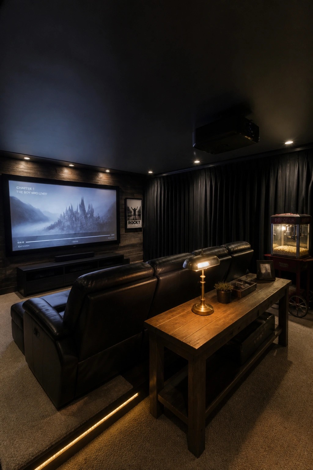 A dimly lit home theater with black leather recliners, a wooden coffee table holding a lamp and small plants, a large TV on a wood-paneled wall, and a popcorn machine on the right.