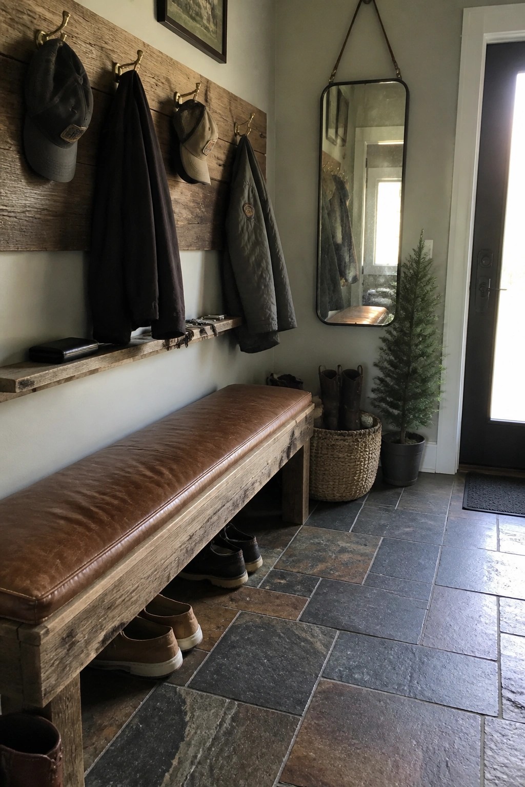Rustic mudroom with leather bench, wooden hooks holding jackets and caps, and mirror.