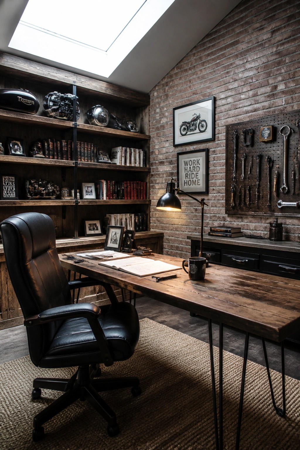 Rustic wooden desk with black leather chair against brick wall with tools and bookshelves