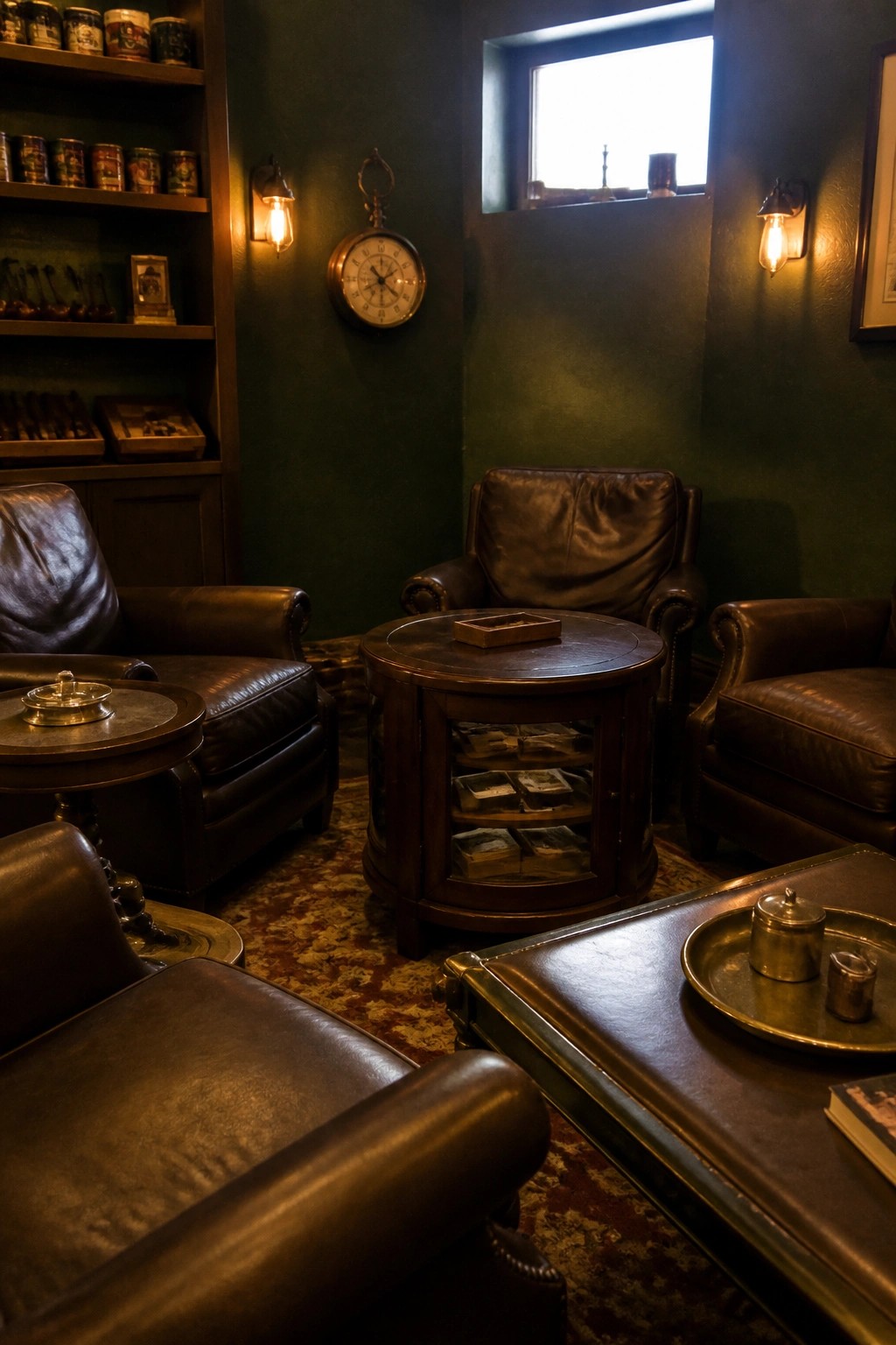 A cozy room with multiple brown leather armchairs around a round dark wood table featuring a glass cabinet base, set against green walls with a patterned rug and wall sconces.