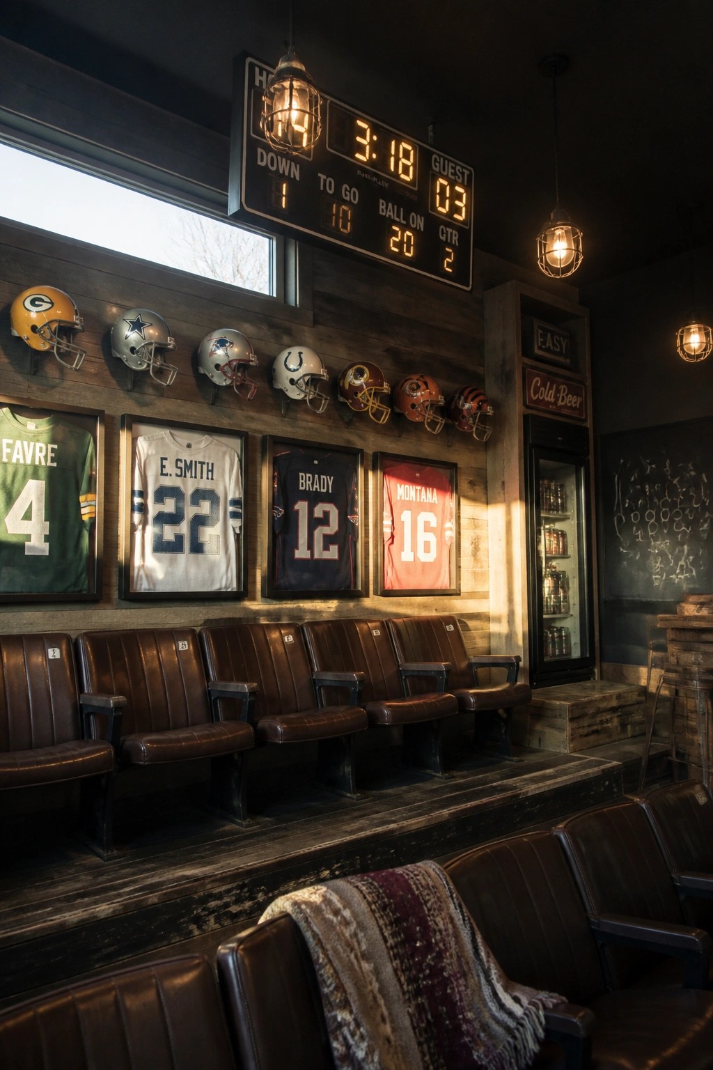An indoor man cave with brown leather chairs lined up in front of a dark reclaimed wood wall displaying football helmets and framed jerseys, plus a scoreboard sign overhead.