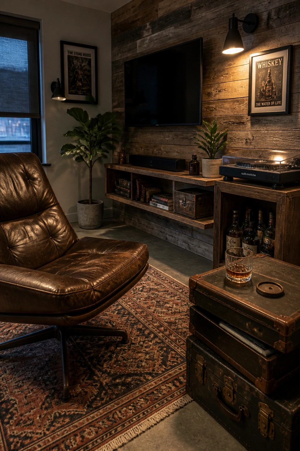 A brown leather armchair rests on a patterned rug in front of a reclaimed wood accent wall holding a wall-mounted television and a long wooden media console.