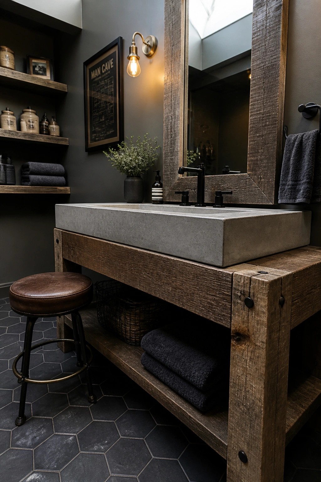 Rustic bathroom with concrete sink on wooden vanity, leather stool, and man cave sign