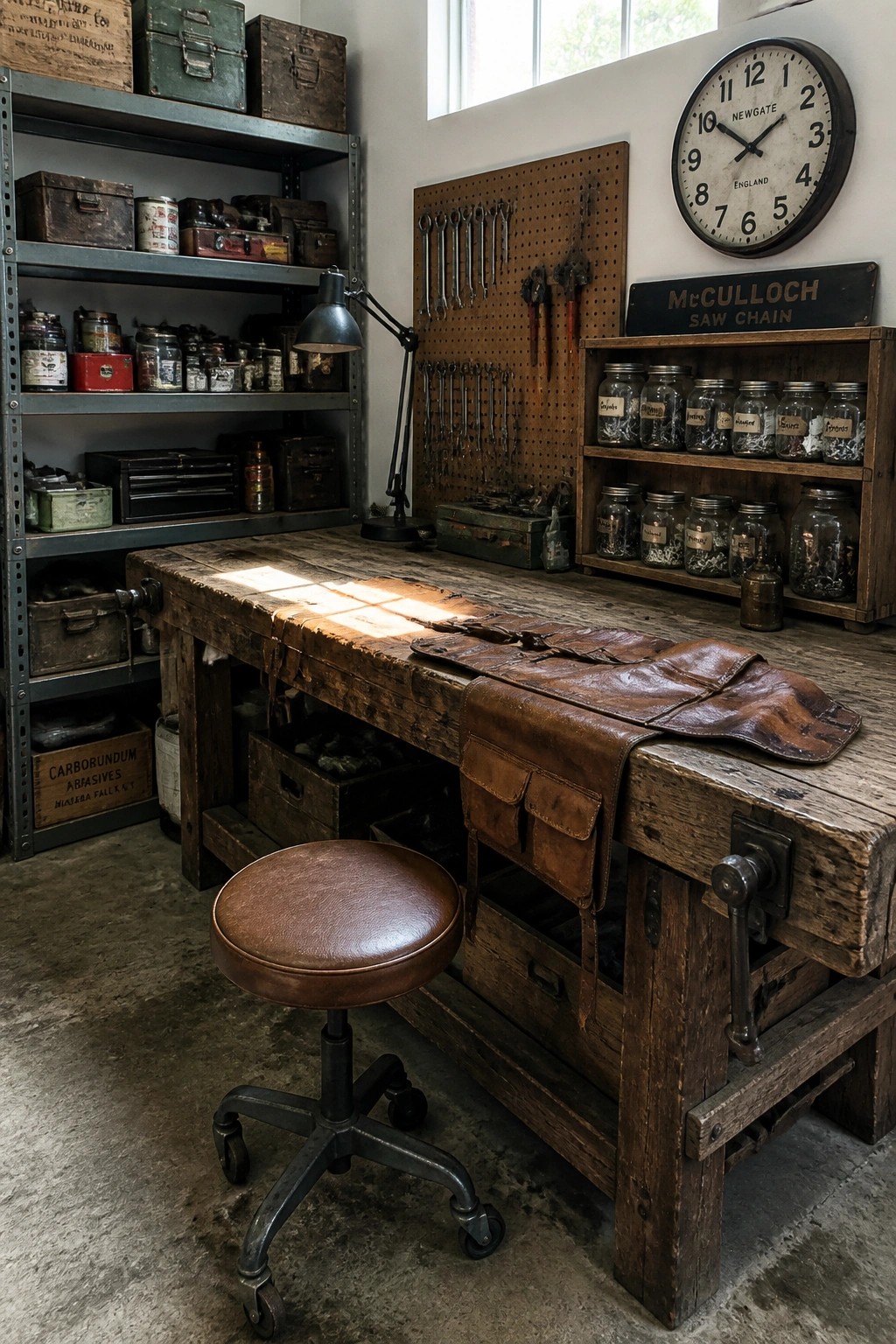A workshop interior showing a large reclaimed wood workbench with a brown leather tool roll on top, a round leather stool in front, and metal shelves filled with jars and boxes.