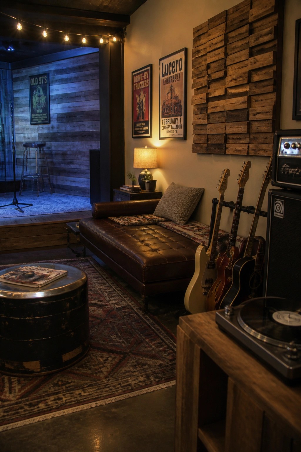 A man cave interior with a brown leather chaise, several guitars on a rack, a record player in the foreground, and a large reclaimed wood wall art piece above the seating.