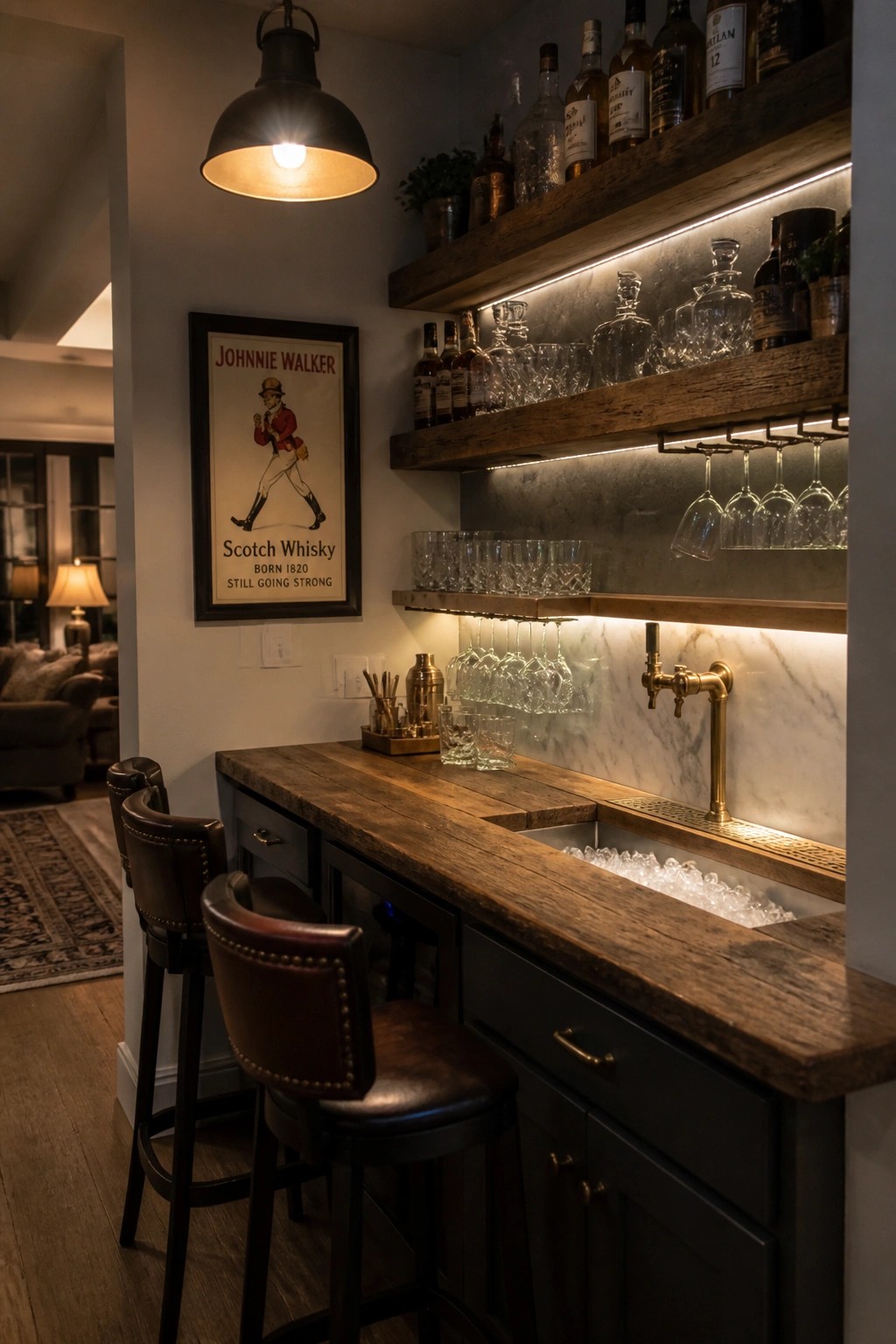 A home bar featuring a reclaimed wood countertop, dark leather bar stools, wooden shelves with bottles and glassware, and a brass faucet.
