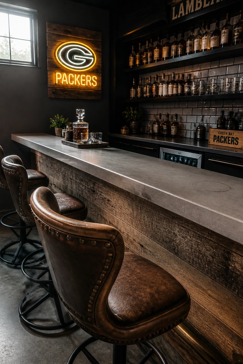 A bar area with brown leather stools, a reclaimed wood front, and a concrete countertop, with a Green Bay Packers neon sign on the dark wall behind.