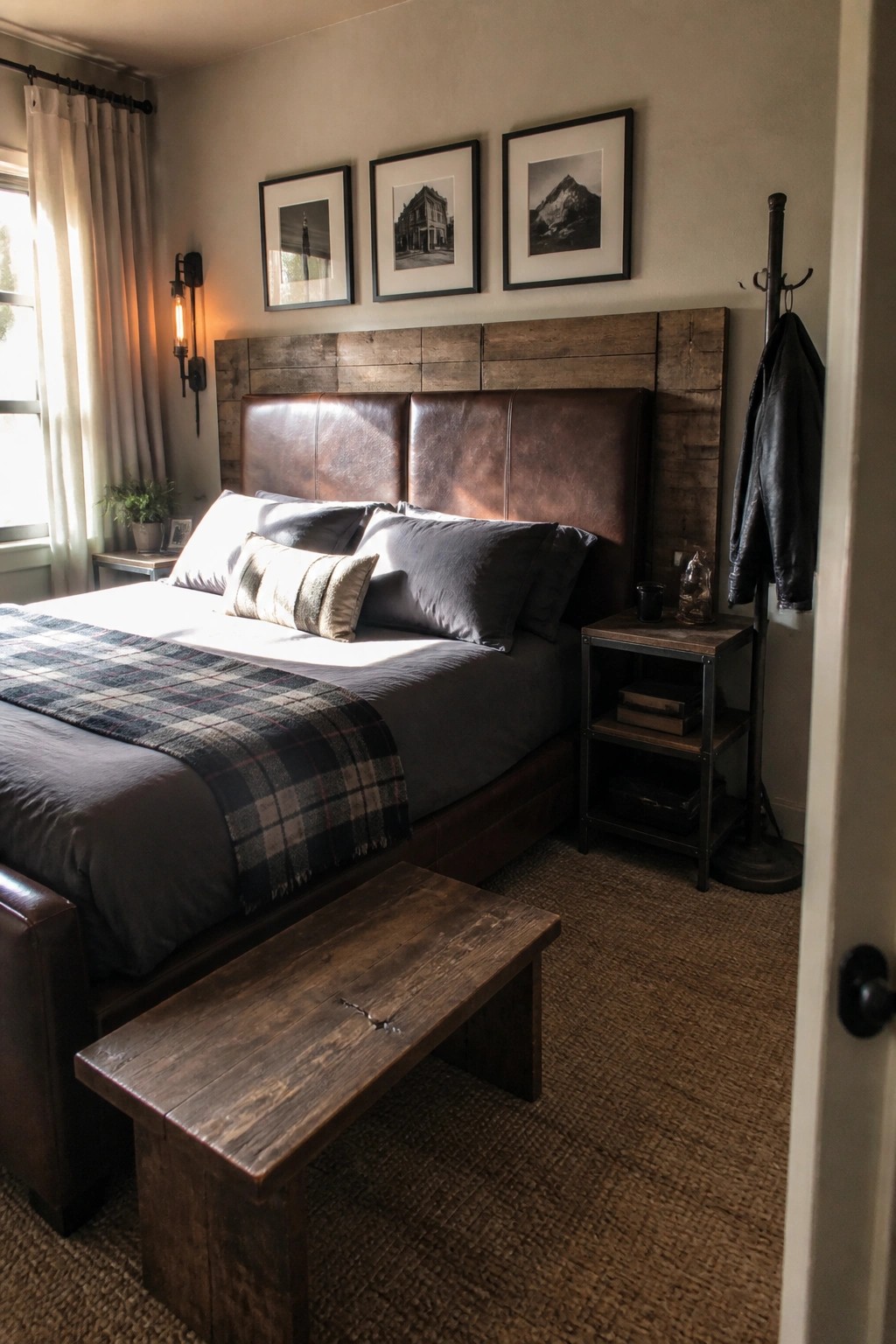 Rustic bedroom with leather bed, plaid throw, wooden bench, framed art, and coat rack
