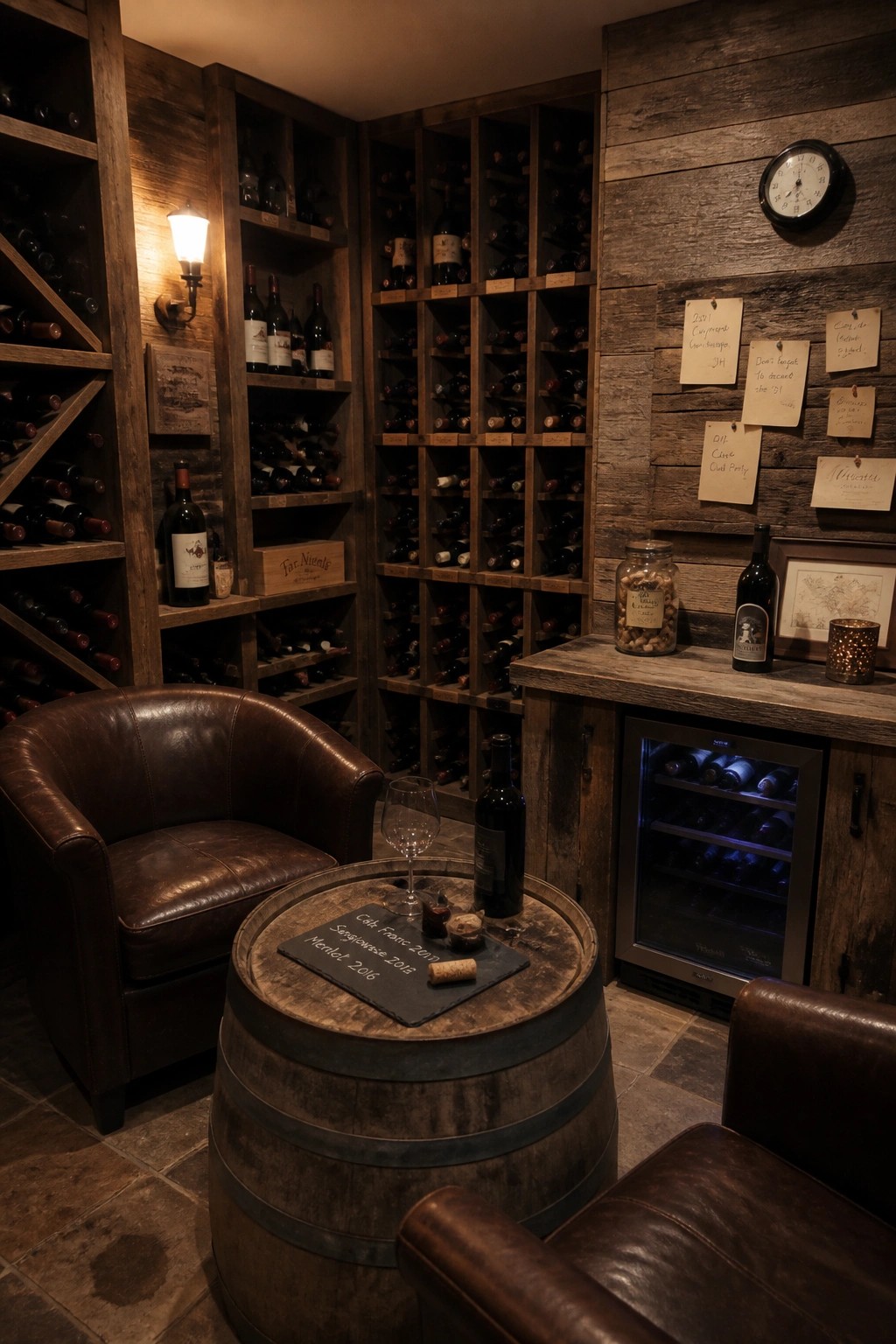 A room lined with reclaimed wood wine shelves holds many bottles, two brown leather armchairs sit around a wooden barrel table, and a small wine fridge is built into the counter on the right.