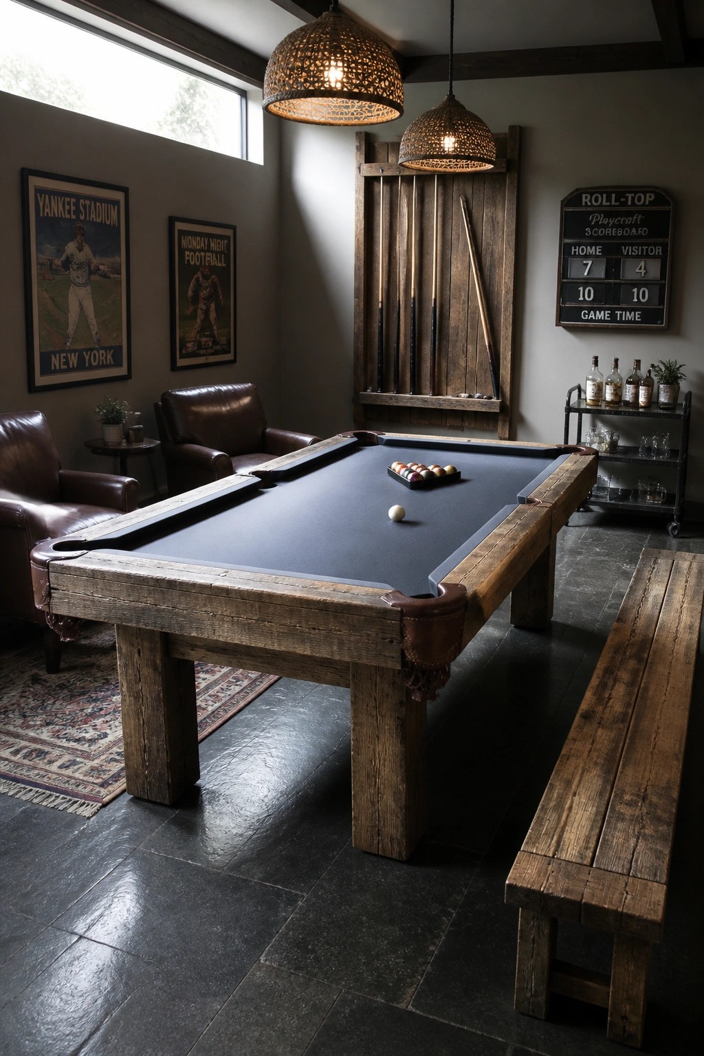 A reclaimed wood pool table with black felt sits in a room with two brown leather armchairs, a wooden bench, and a rack of pool cues on the wall.
