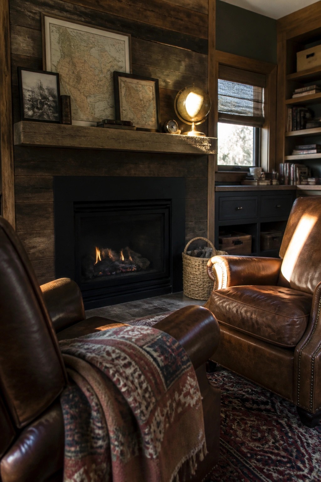 A room interior showing two brown leather armchairs facing a black fireplace framed by a reclaimed wood wall with a wooden mantel holding maps and a lit globe.