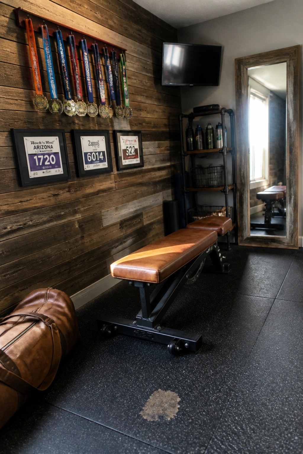 An indoor home gym features a reclaimed wood plank wall with hanging medals and framed race bibs, a brown leather weight bench on a black rubber floor, and a brown leather duffel bag in the corner.