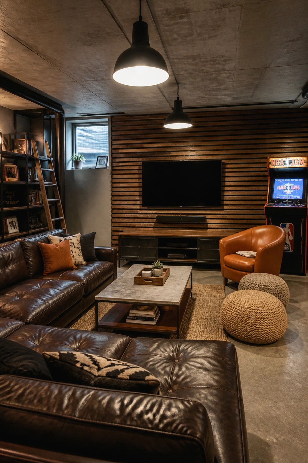 A basement living room with brown leather sofas, a large TV on a horizontal reclaimed wood wall, and an orange leather chair beside two woven ottomans.