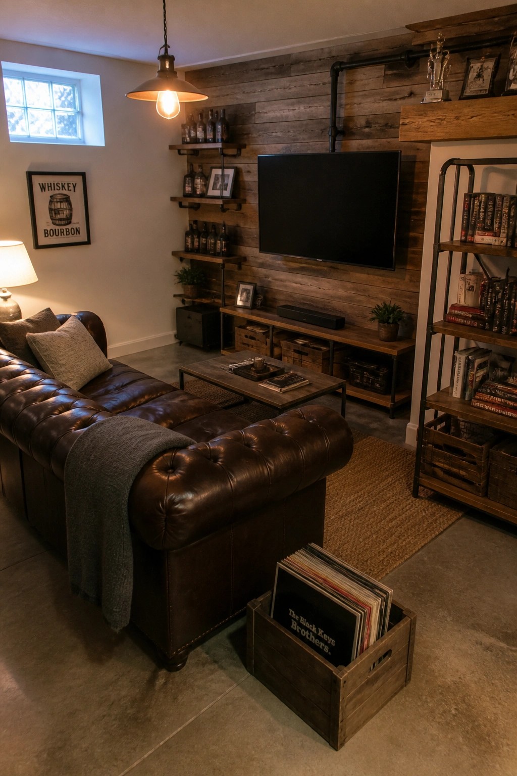 A living room featuring a brown leather sectional sofa in front of a reclaimed wood accent wall with mounted TV, floating shelves, and wooden media console.