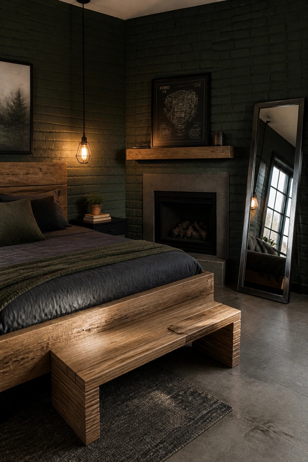 Dark green brick bedroom with wooden bed, bench, fireplace, and mirror.
