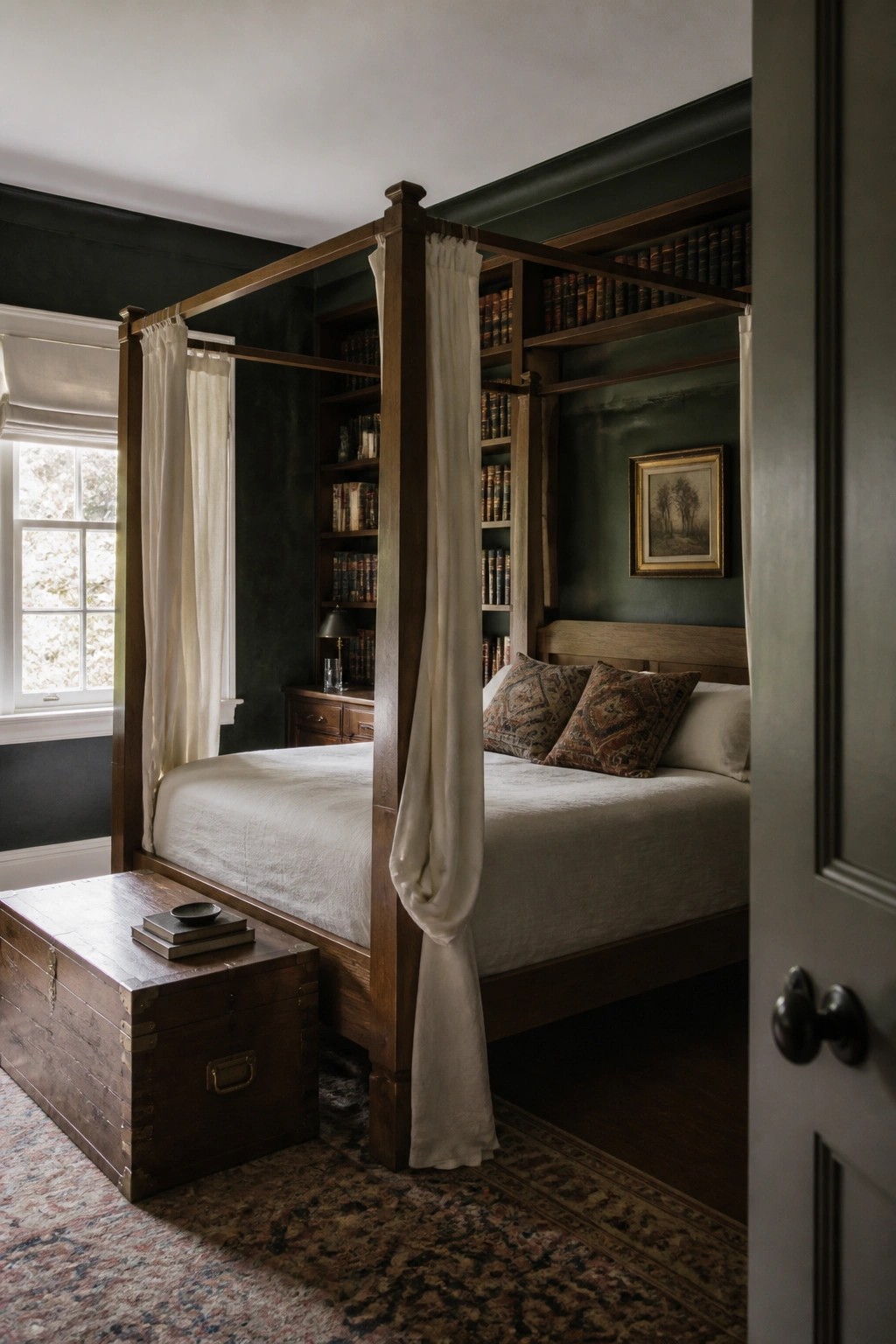 A four-poster wooden bed with white bedding sits in a bedroom with deep green walls, built-in bookshelves filled with books, and a wooden chest at the foot of the bed.