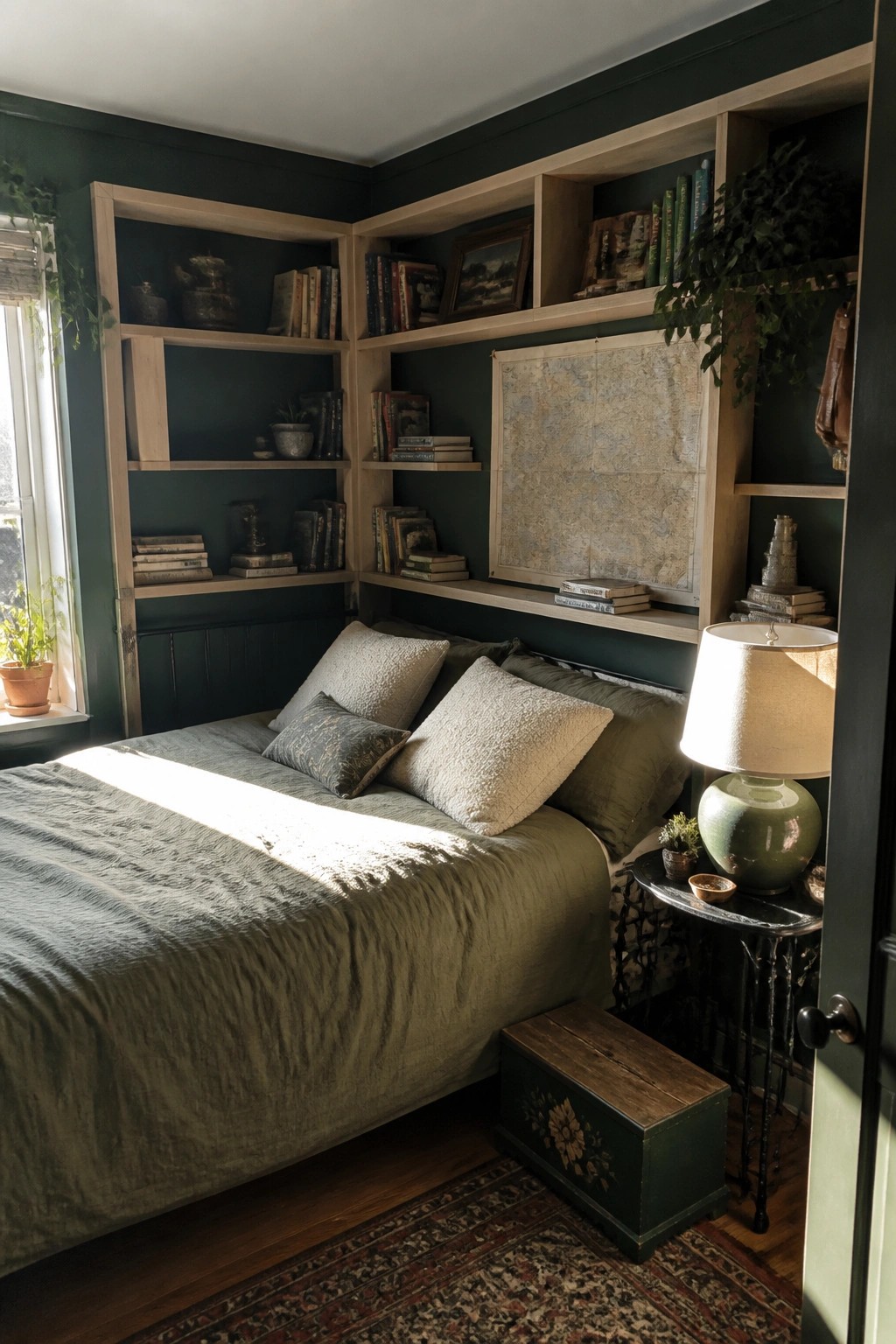 A bedroom corner shows deep green walls with light wood built-in bookshelves filled with books and decor, a bed with green bedding, and a bedside table holding a lamp.