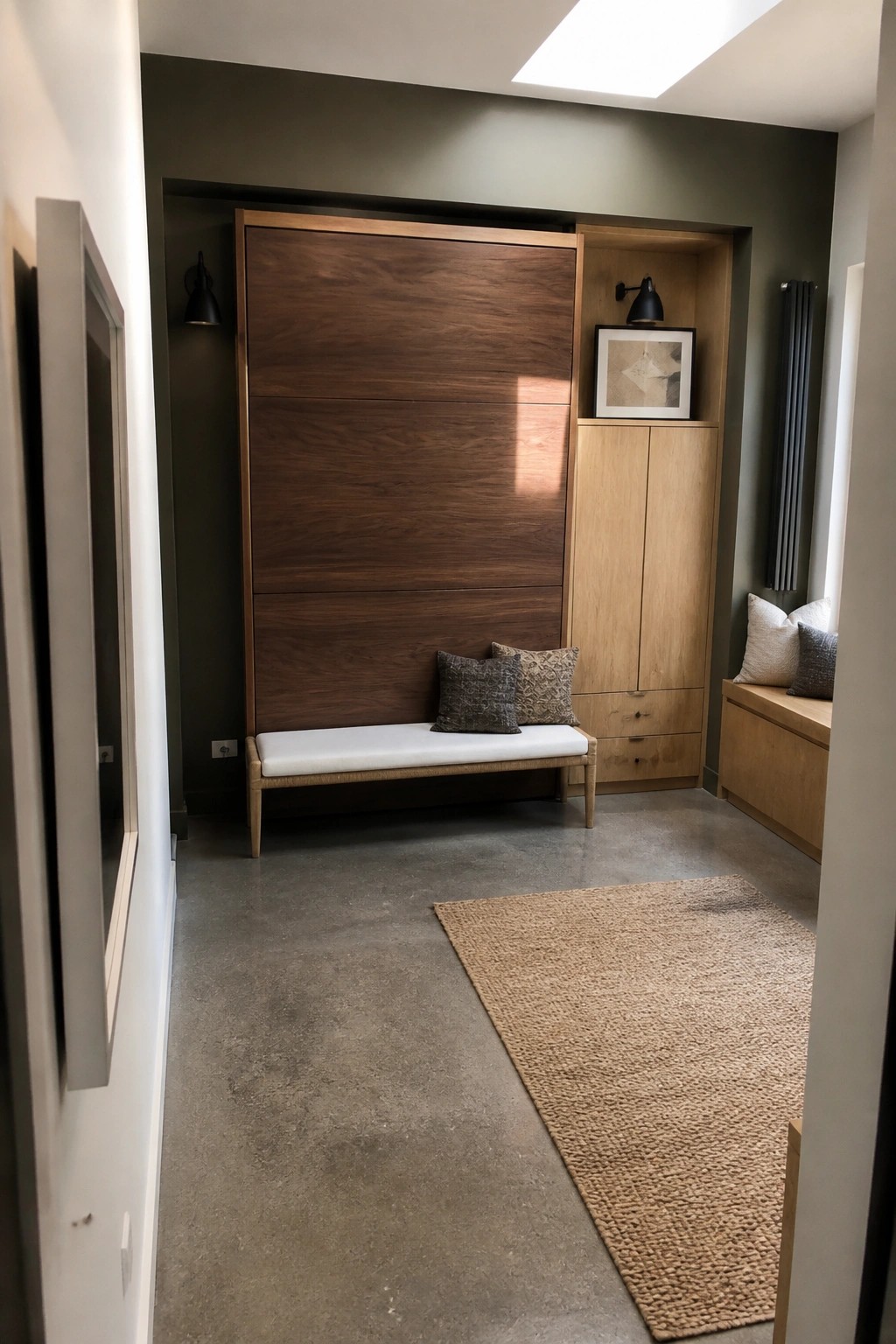 Modern room with large dark wood cabinet, white bench, pillows, and woven rug