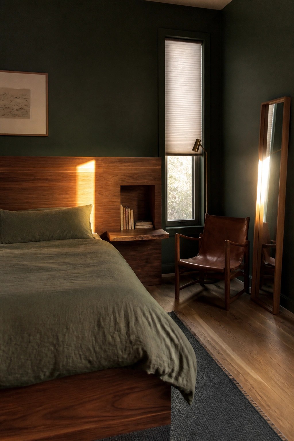 Sunlit bedroom with dark green walls, wooden bed, leather chair, and mirror.
