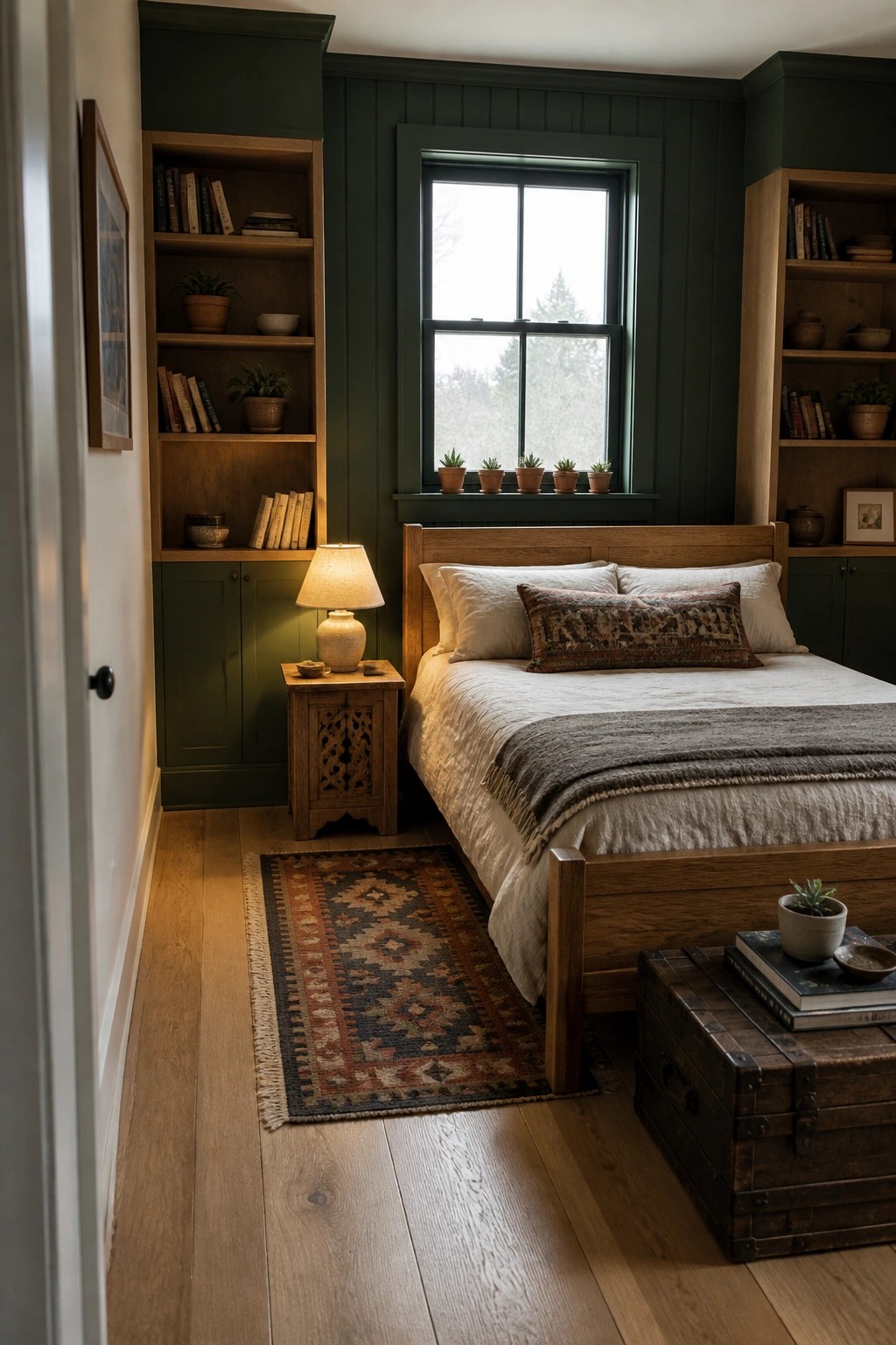 A bedroom with deep green walls and built-in bookshelves on both sides of a large window, a wooden bed with white bedding, and a patterned rug on light wood flooring.