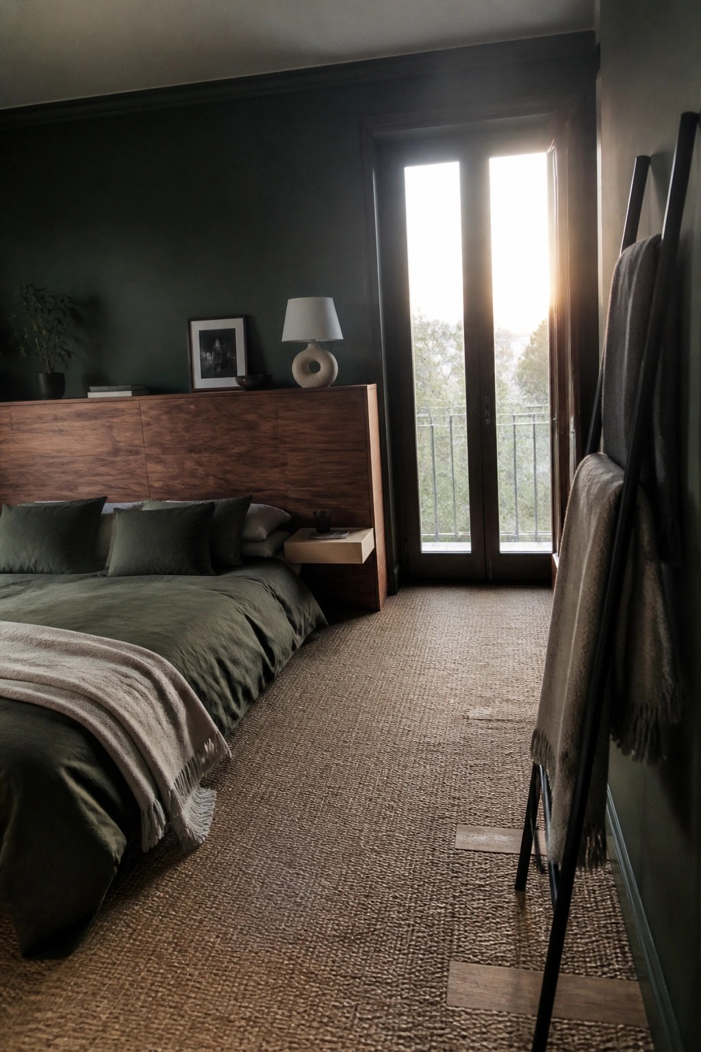 Sunlit bedroom with olive bedding, wood headboard, green walls, and blanket ladder