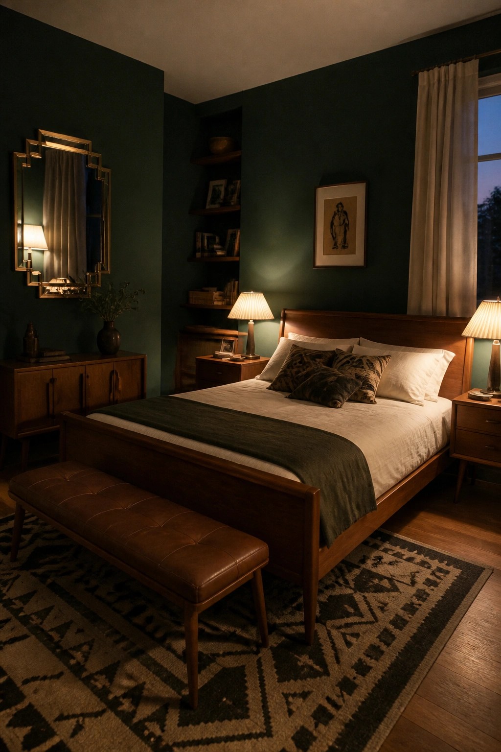 A bedroom with deep green walls, a wooden bed frame, white and patterned pillows, a brown leather bench, and wooden nightstands.