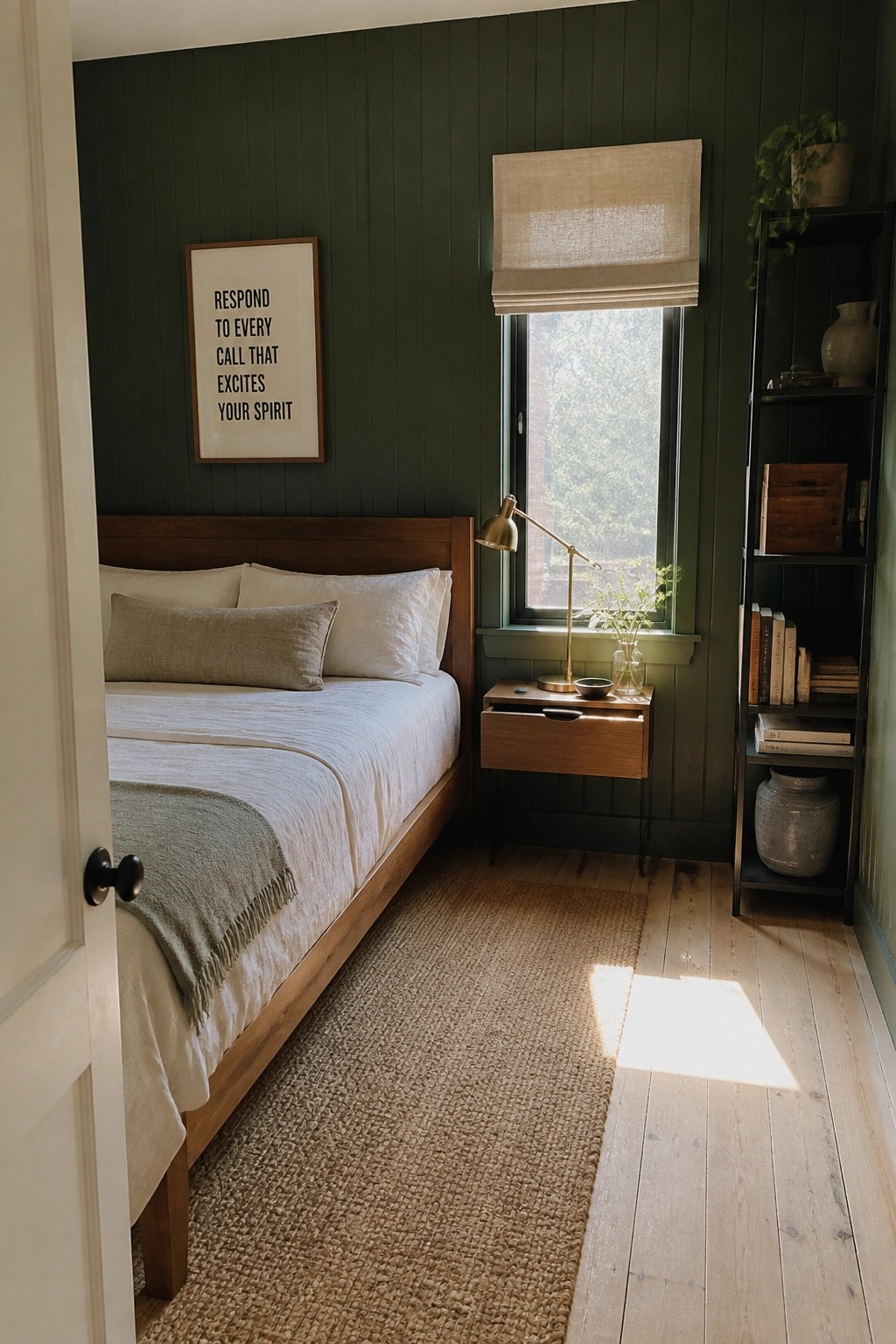A bedroom with dark green vertical panel walls, a wooden bed frame with white and beige bedding, a nightstand with a brass lamp, a window with a linen shade, and a tall black metal shelf on the right.