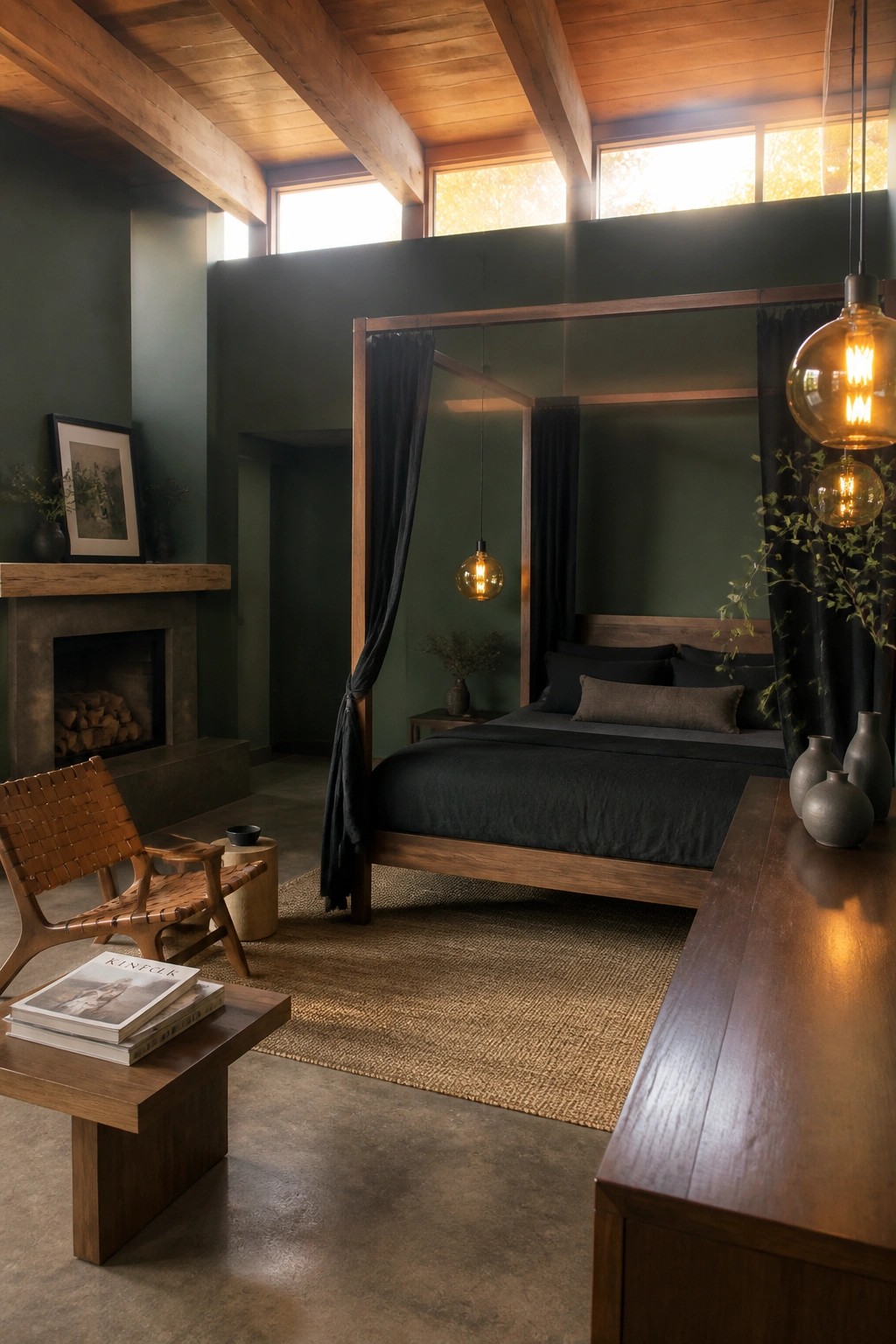 A bedroom with deep green walls, a wooden canopy bed with dark bedding, a woven chair, and a stone fireplace.
