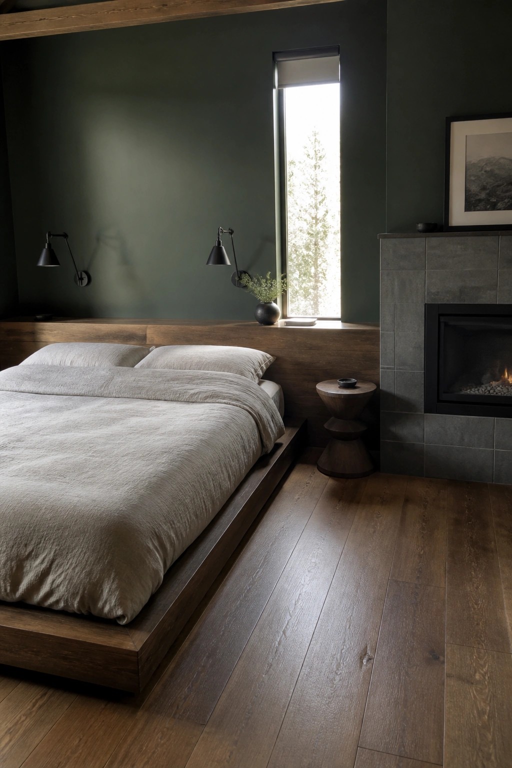 A bedroom interior featuring deep green walls, a low wooden platform bed with light gray bedding, black wall sconces, a tall narrow window, and a gray stone fireplace on the right.