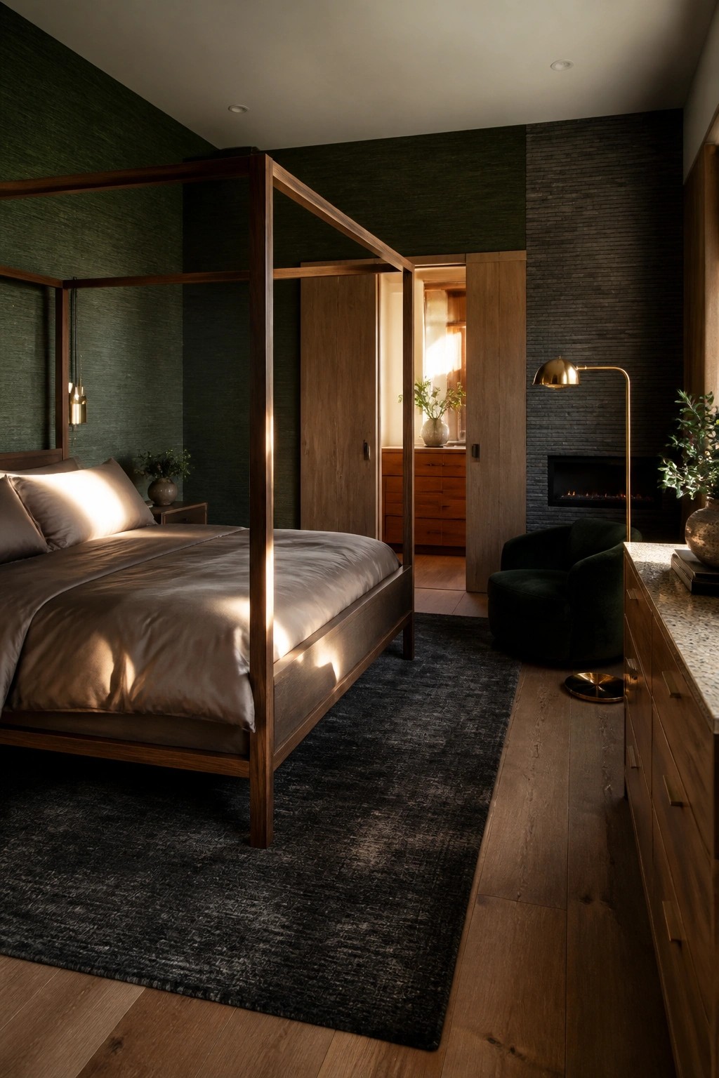 Luxurious wooden four-poster bed in moody dark green bedroom with velvet chair and fireplace