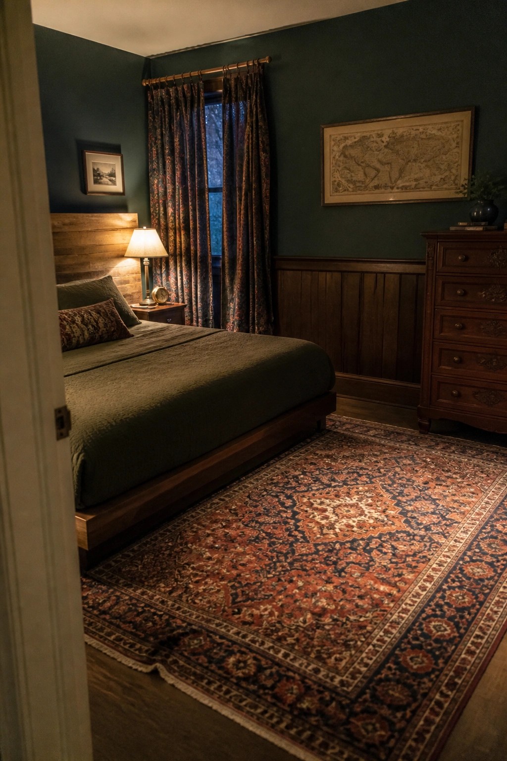 A bedroom with deep green walls, a wooden bed frame, green bedding, a large patterned rug, and a wooden dresser beneath a framed map.