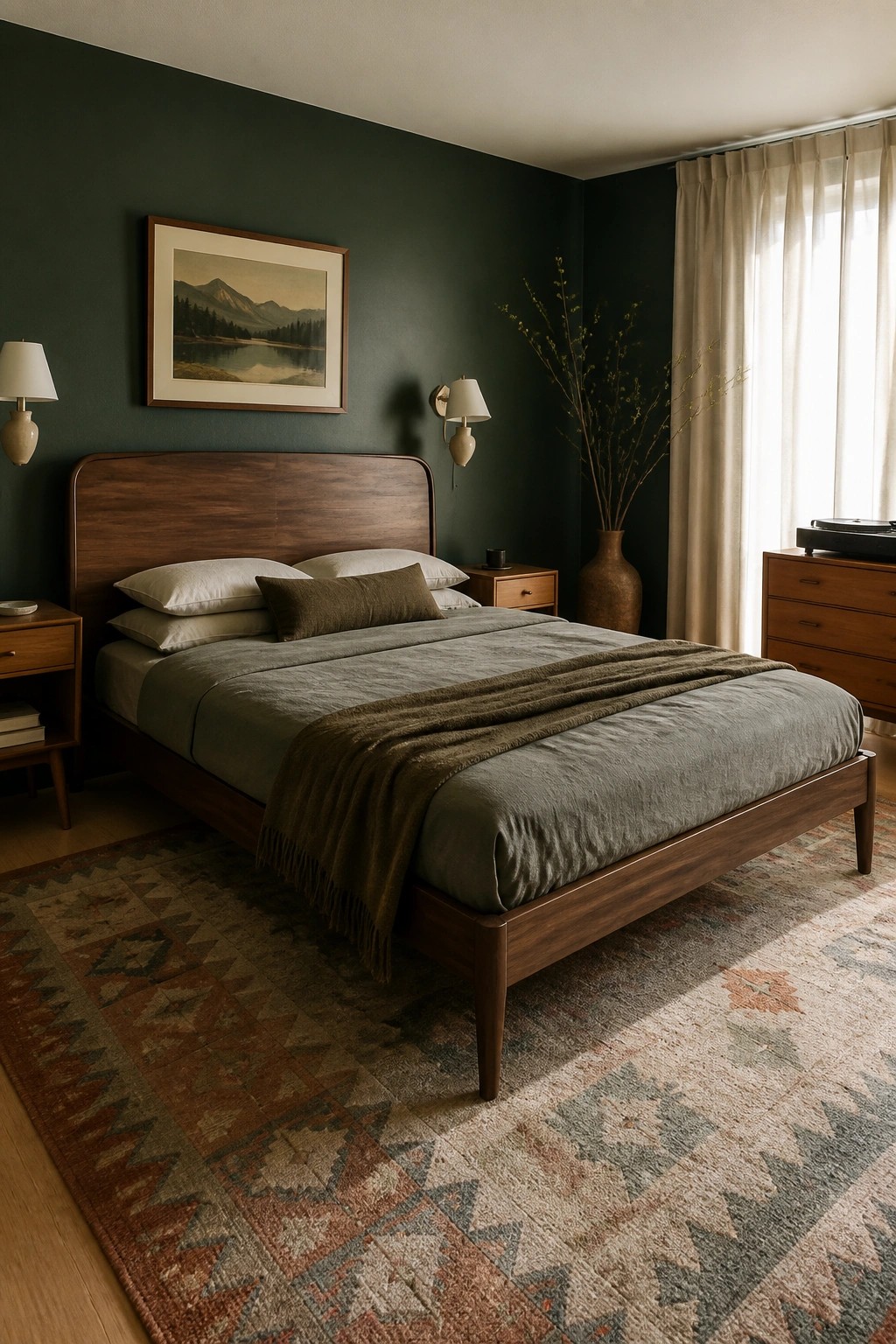 A bedroom featuring deep green walls, a wooden bed with gray bedding, two wall sconces, a patterned rug, and wooden nightstands.