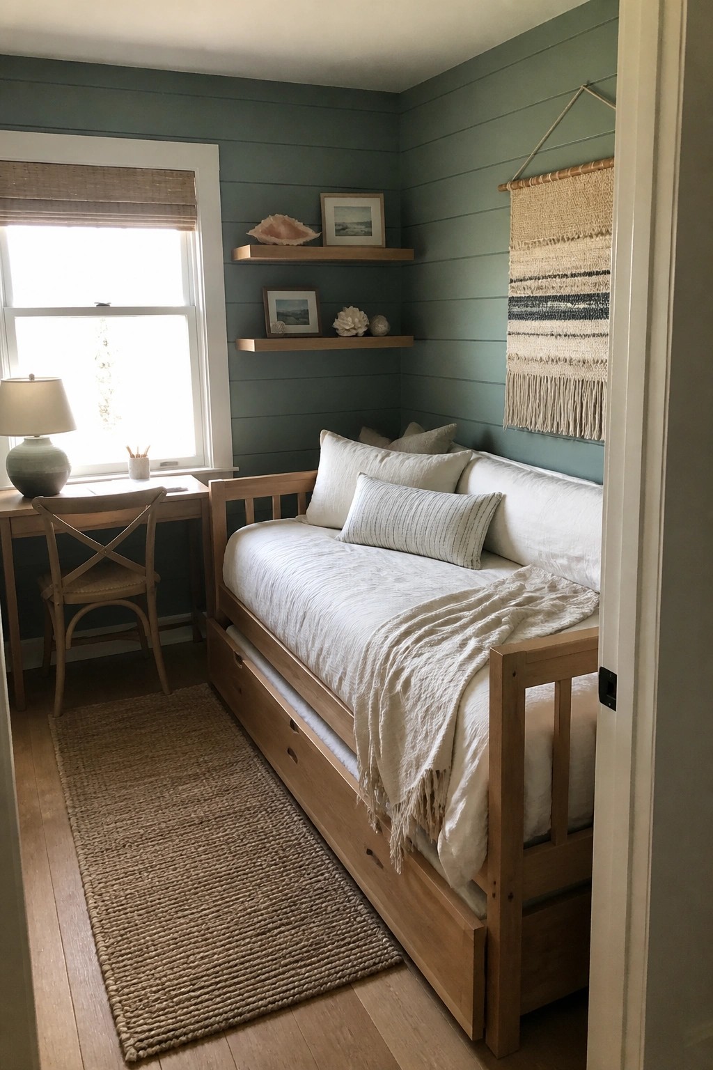 Cozy bedroom with wooden daybed, white bedding, green walls, desk, and woven wall hanging
