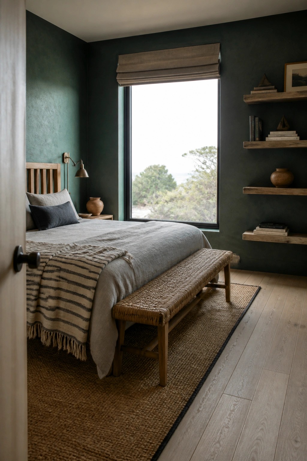 A bedroom interior with deep green walls, a wooden bed with gray linens, a woven bench, floating wooden shelves holding books and objects, and a large window with a rolled shade.