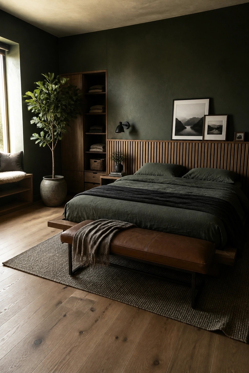 A bedroom featuring deep green walls, a large bed with dark green bedding on a wooden platform, a vertical wood slat headboard, built-in wooden shelving, and a large potted tree beside a window.