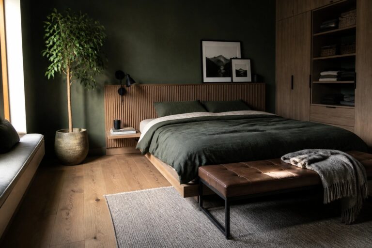 A bedroom featuring deep green walls, a large bed with dark green bedding on a wooden platform, a vertical wood slat headboard, built-in wooden shelving, and a large potted tree beside a window.