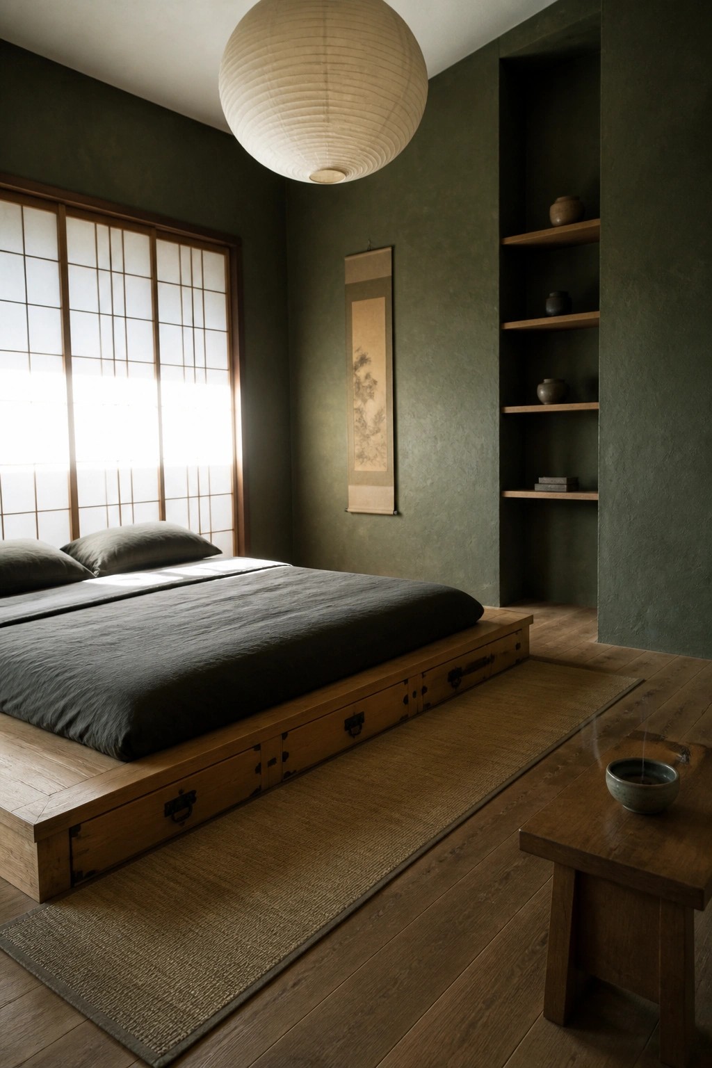 A bedroom interior with deep green walls shows a low wooden platform bed with storage drawers, a shoji screen on the left, and a large paper lantern hanging from the ceiling.