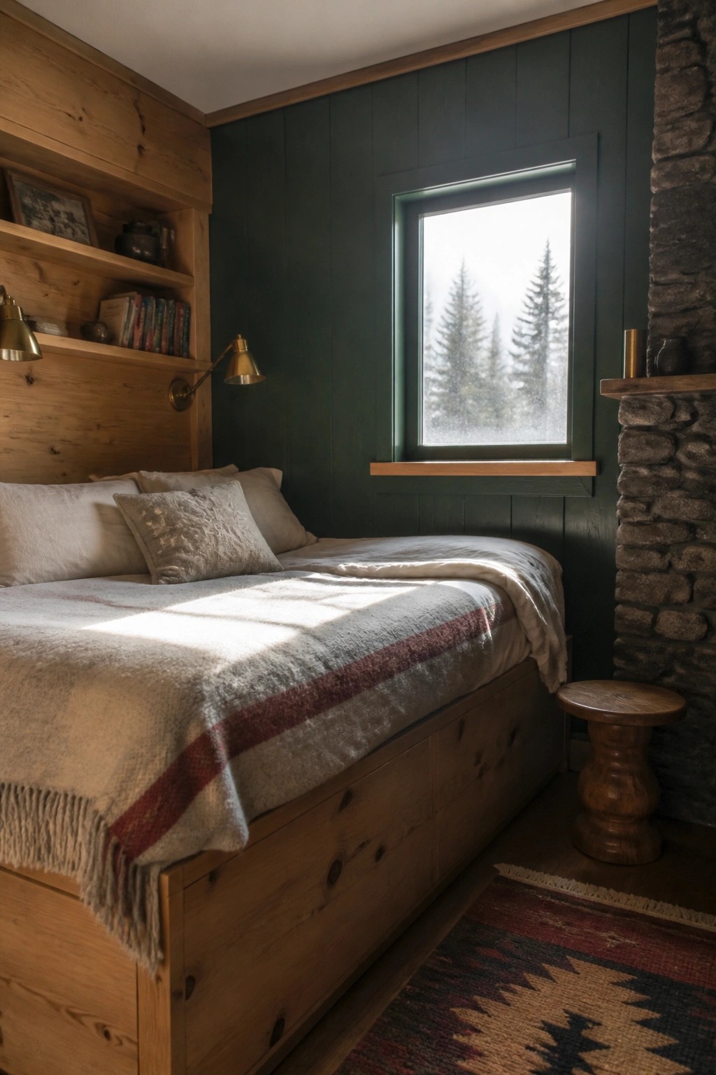 A bedroom with deep green walls, a wooden bed frame and headboard, built-in wooden shelves on the left, and a window showing trees outside.