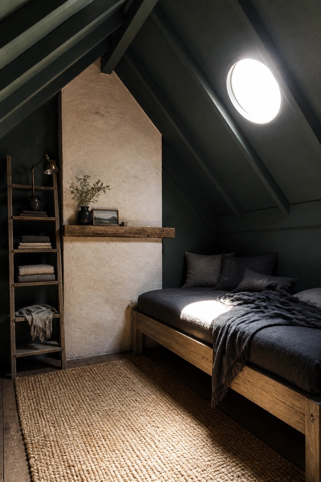 An attic bedroom with dark green walls, a wooden bed with dark bedding, a wooden ladder shelf on the left, and light from a round window.