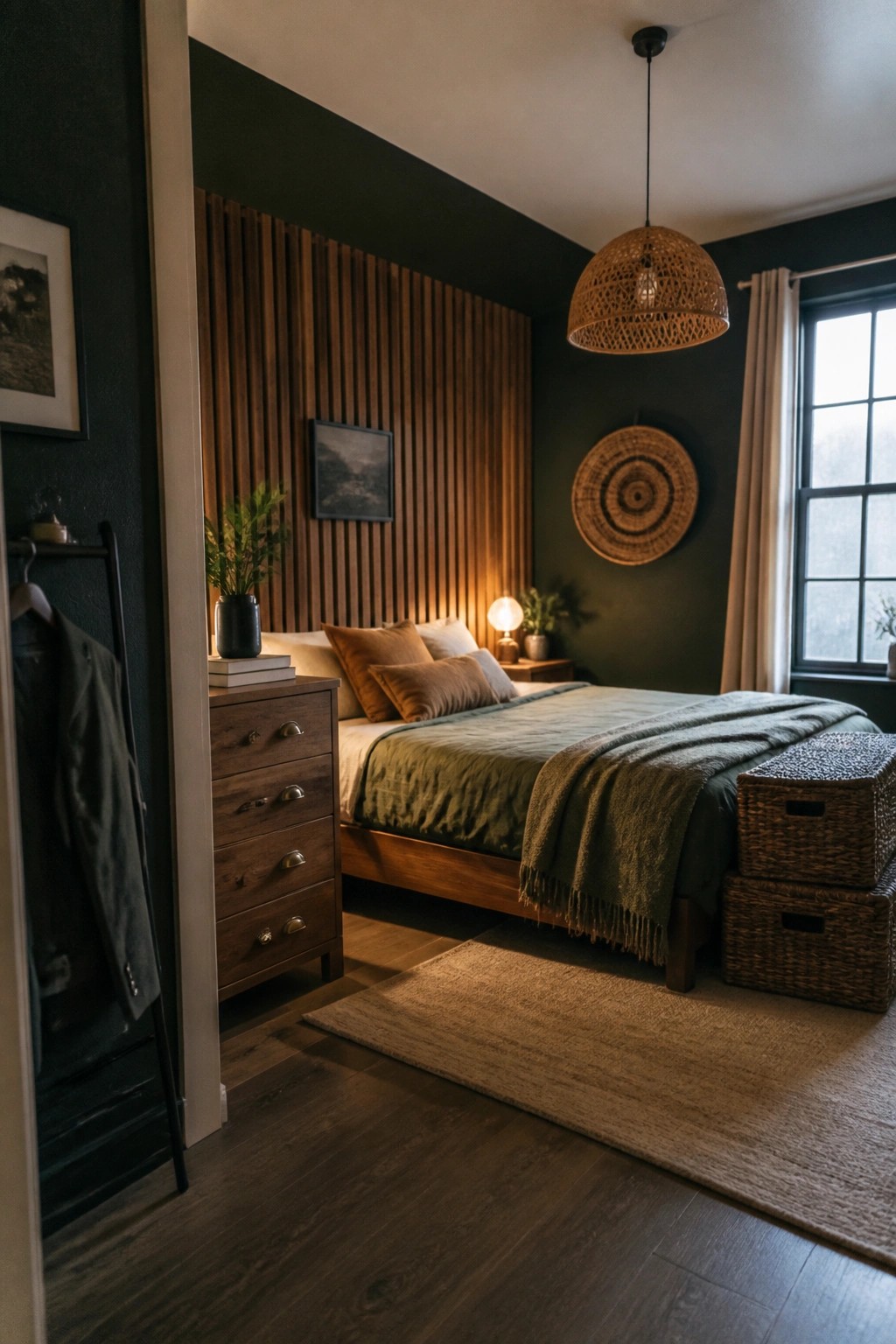 Cozy bedroom with dark green walls, wooden bed, woven pendant light, and rug.