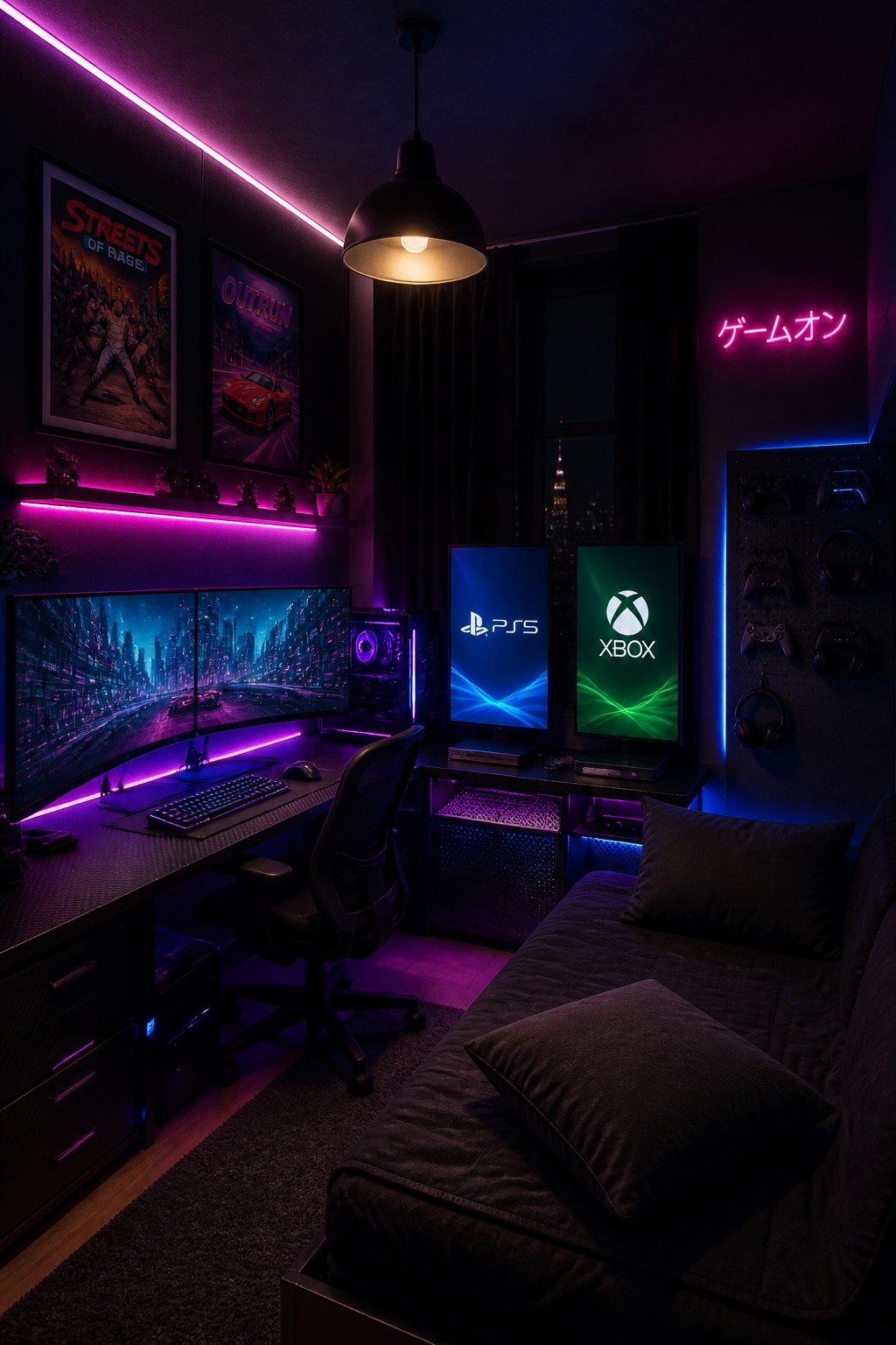 A dark gaming room featuring a dual-monitor PC desk, separate PS5 and Xbox displays, wall-mounted controllers, and a bed with pillows under pink and blue LED lighting.