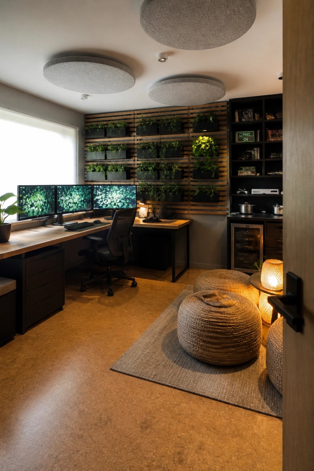 A modern home office features a wooden desk with three computer monitors, a black office chair, and a large vertical plant wall with multiple black planters mounted on wood slats.