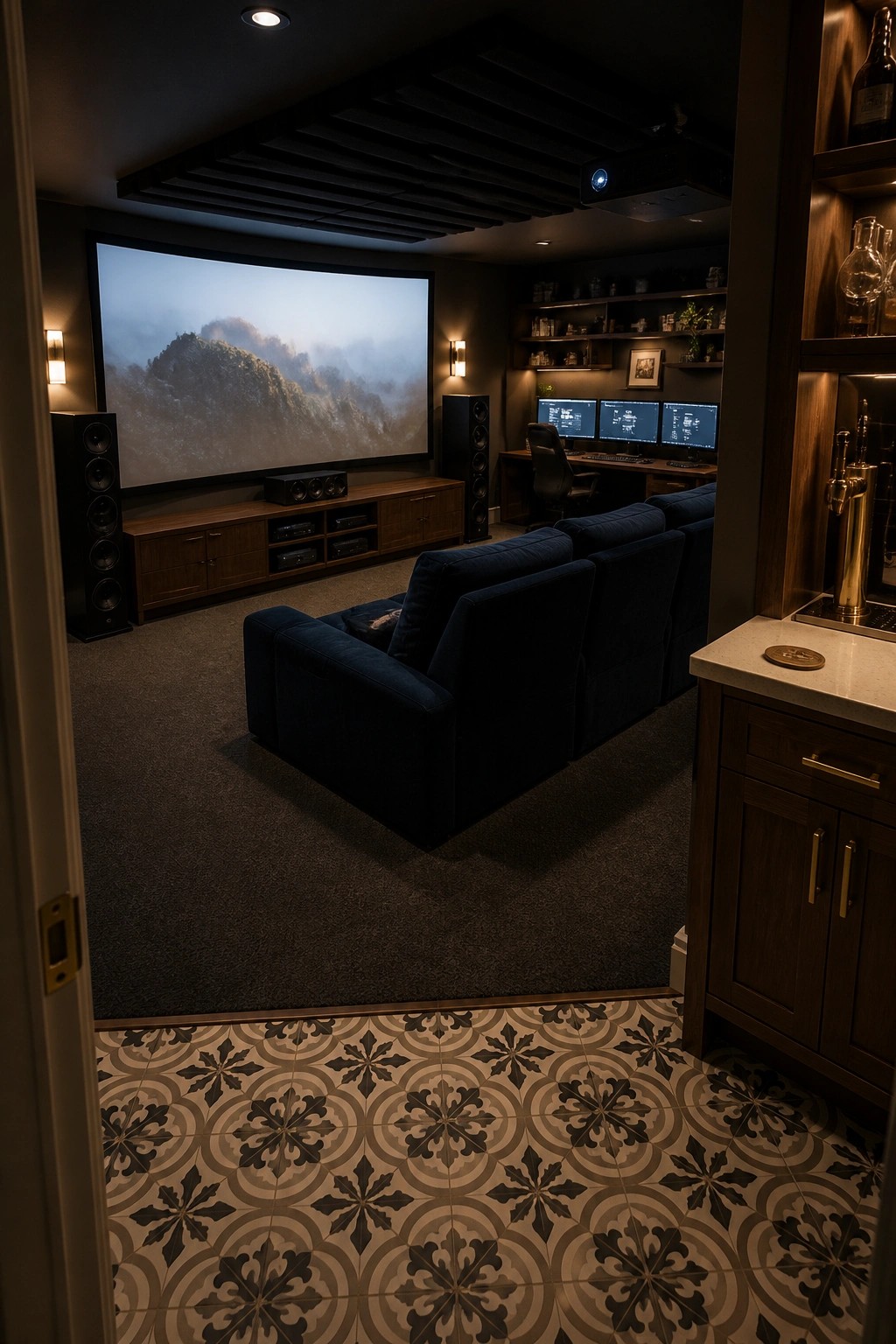 Modern home theater with blue velvet sofa, large projection screen, and bar area