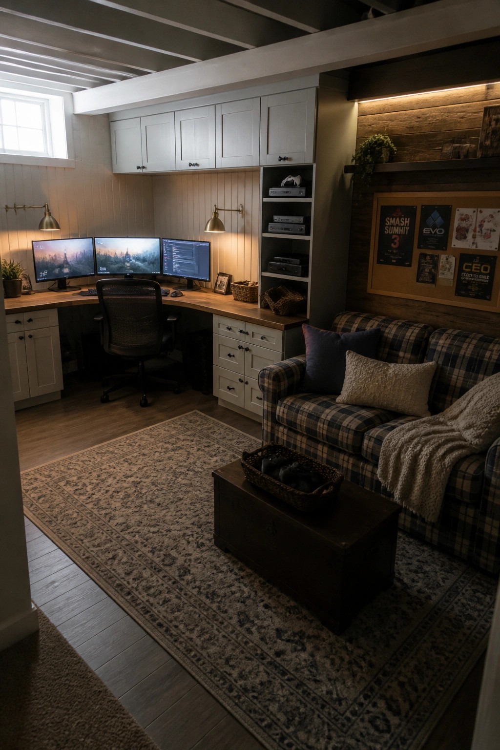 A corner gaming desk with three monitors sits beneath white built-in cabinets and open shelving that holds game consoles, with a plaid sofa and wooden chest nearby.